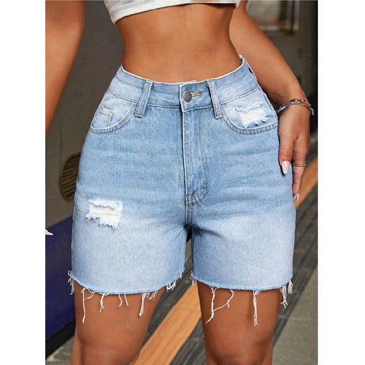 Women Summer Street Denim Shorts High Waist Ripped Hole Stretch Jean Short Pants