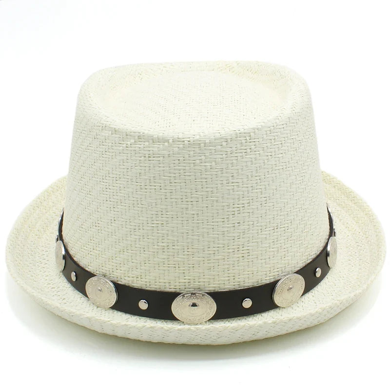 Men Women Straw Pork Pie Hats Summer Sunhat Boater Caps Sailor Sombrero Beach Fedora Trilby Outdoor Travel US Size 7 1/4 UK L