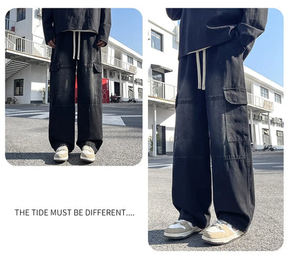 2025 new men's cement grey work jeans Y2K street hip-hop large pocket wide-leg straight jeans trousers jogging black light blue