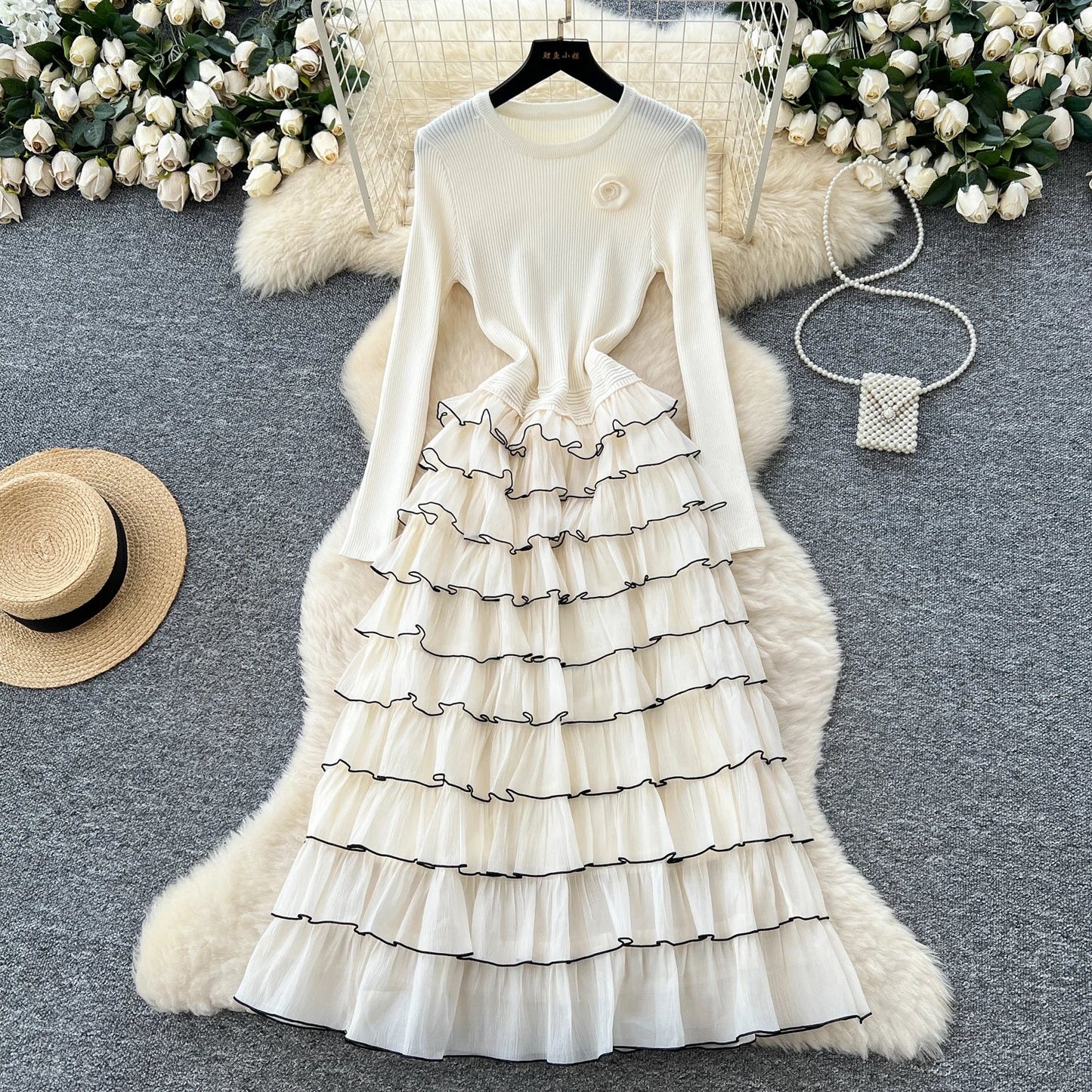 Autumn 3D Floral Spliced Long Dress 2025 Female O Neck Long Sleeves High Quality Slim Luxury Knitted Party Cake Dress
