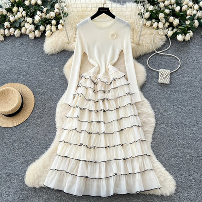 Autumn 3D Floral Spliced Long Dress 2025 Female O Neck Long Sleeves High Quality Slim Luxury Knitted Party Cake Dress