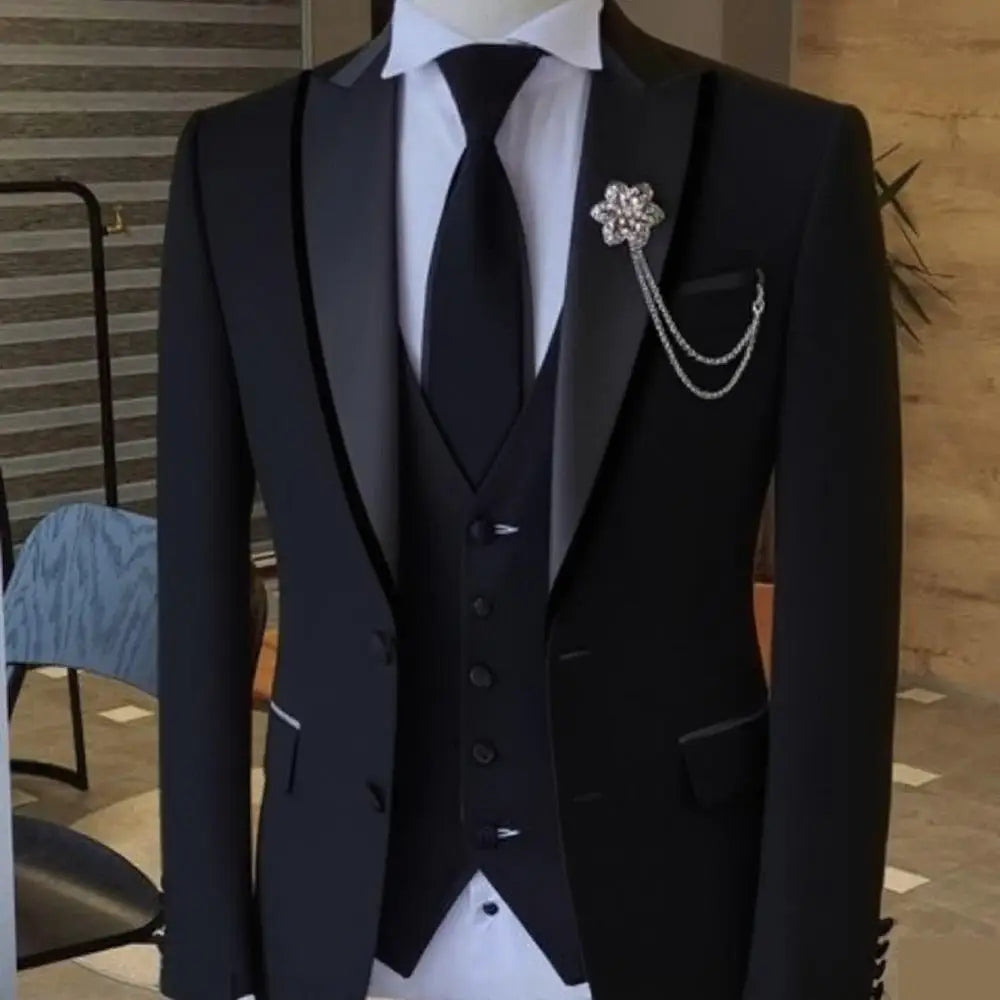 Men's Solid Slim Fit 3-Piece Business Suit Set with Blazer Vest And Pants for Wedding Party Luxury Fashion Tuxedo