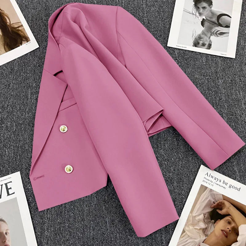 Lucyever Cropped Blazer Jacket Women Korean Fashion Double-Breasted Suit Coat 2024 Autumn New Casual Simple Office Lady Blazers