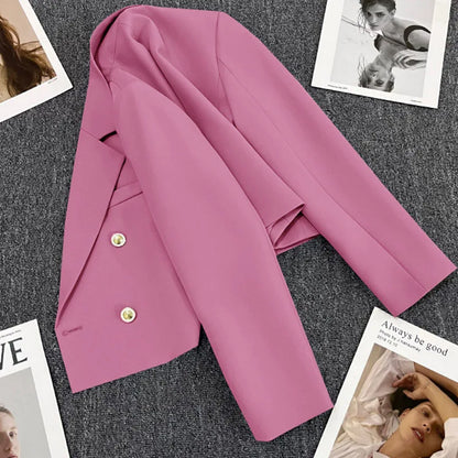 Lucyever Cropped Blazer Jacket Women Korean Fashion Double-Breasted Suit Coat 2024 Autumn New Casual Simple Office Lady Blazers