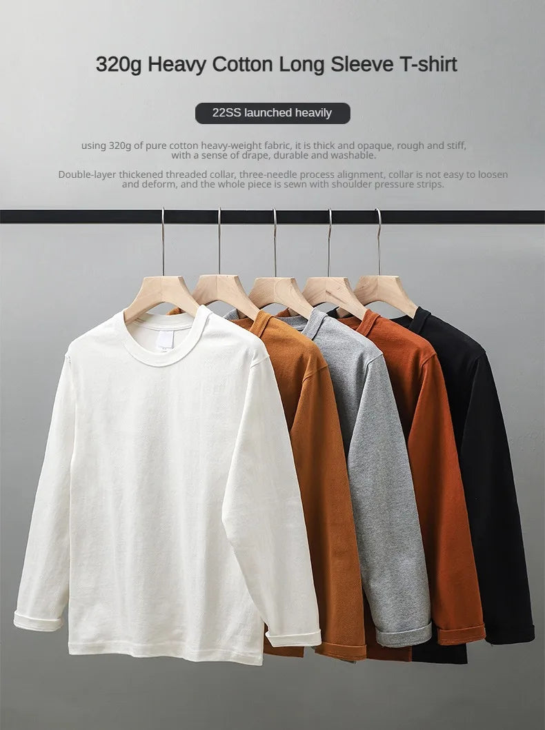 11.2 Oz Heavyweight Autumn Long Sleeved T Shirt for Men 100%Cotton Plain Shirt O-Neck White Tops Oversized Men's Clothing