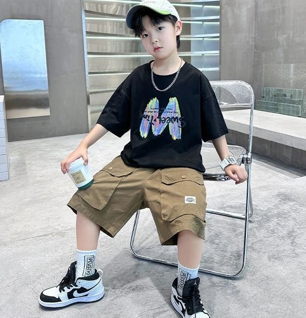 Printing Clothes for Boy Summer Set 2025 New Children's Clothing Boys Kids Top Bottom Elementary Student Men's T-shirts Korean