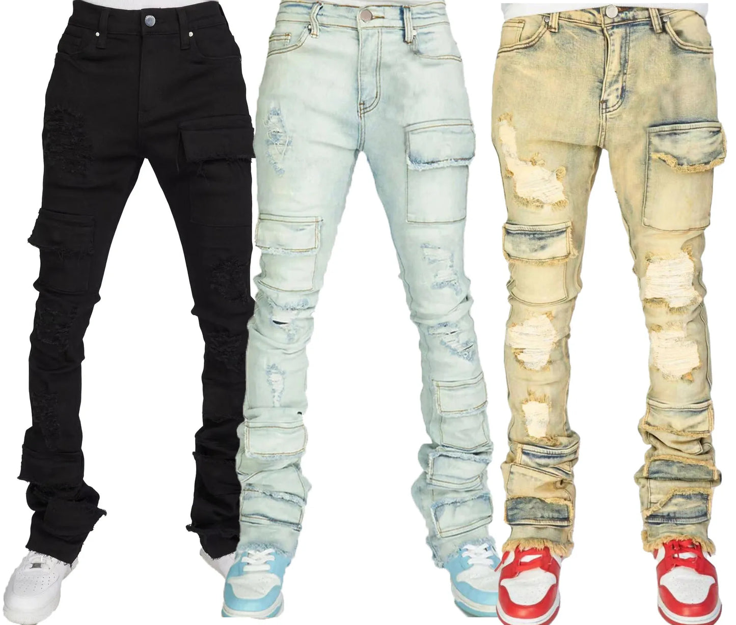 Men Jeans Long Pant Denim Flare Pants Hole Straight Trousers Slim Fit High Waist Casual Button Pocket Splice Autumn Winter