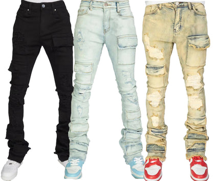 Men Jeans Long Pant Denim Flare Pants Hole Straight Trousers Slim Fit High Waist Casual Button Pocket Splice Autumn Winter