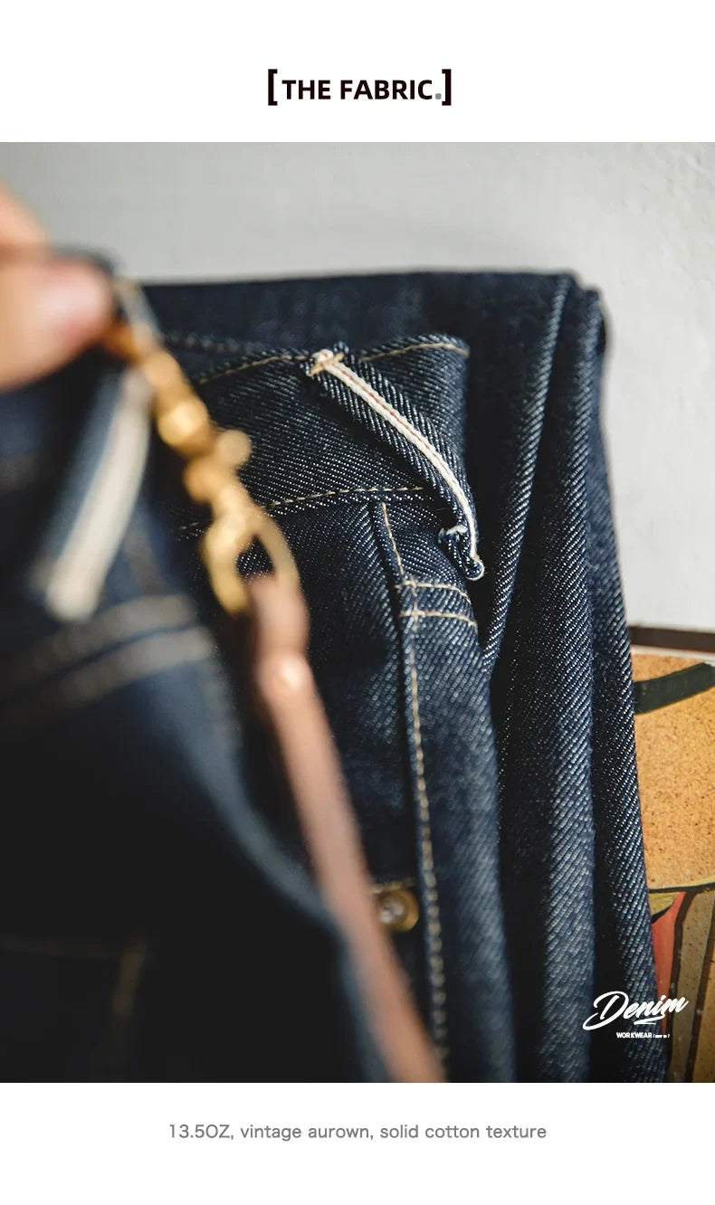 Vintage 13.5oz Heavyweight Denim Jeans Washed Straight Mid Waist Pants Men's Indigo Selvedge Raw Denim Jeans for Autumn