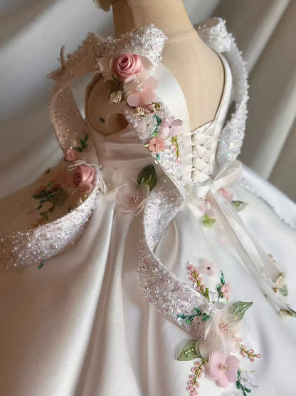 Flower Girl Dress Satin 3D Floral Embellished Ball Gown Wedding Gown First Christmas Party Dress For Girlsفساتين اطفا