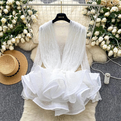 Autumn Streetwear Tops Suits Women O Neck Full Sleeves Thin Sheer Lace Shirts+Sleeveless Outerwear Ruffles Tank Top