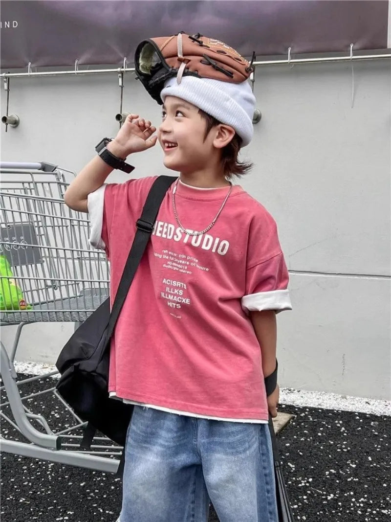 2026 New Boys' Summer 100% Cotton Streetwear Short Sleeve T Shirt Casual Half Sleeve Clothing