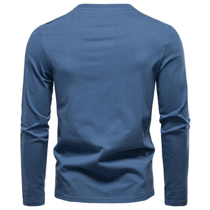 Men's 100% Cotton Henley T-Shirt Long Sleeve Solid Color with Fake Pocket Casual Comfortable Autumn Top