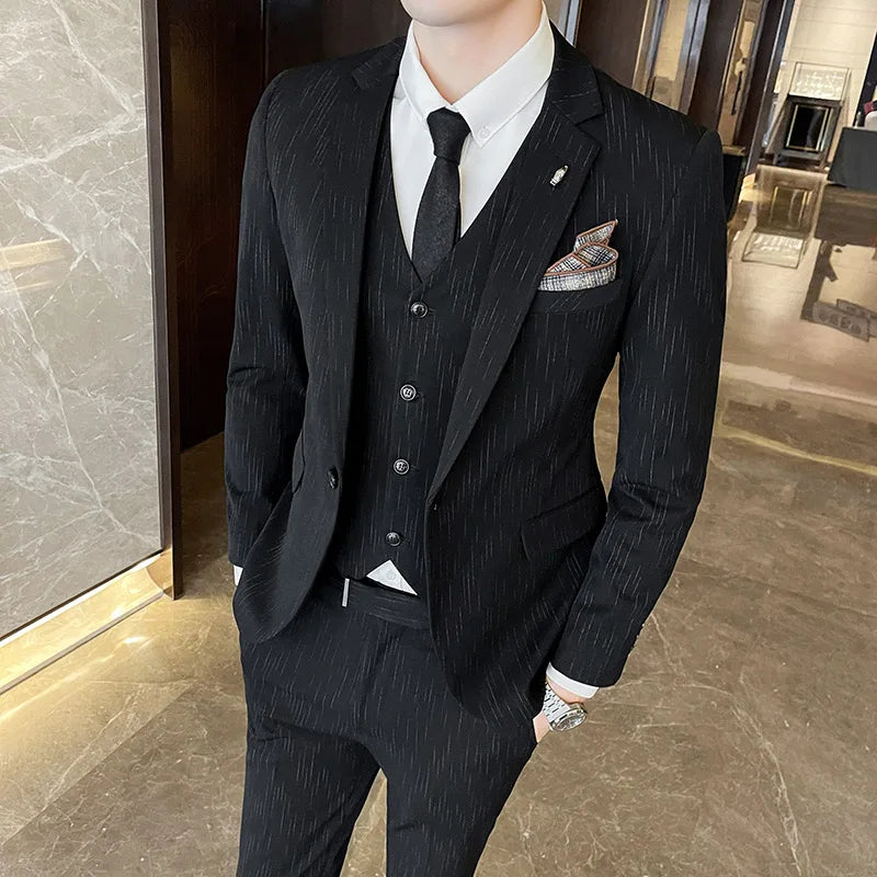 ( Blazer + Vest + Pants ) High-end Formal Casual Business Striped Fashion Men's 3 Piece Suit Groom Wedding Dress Suit