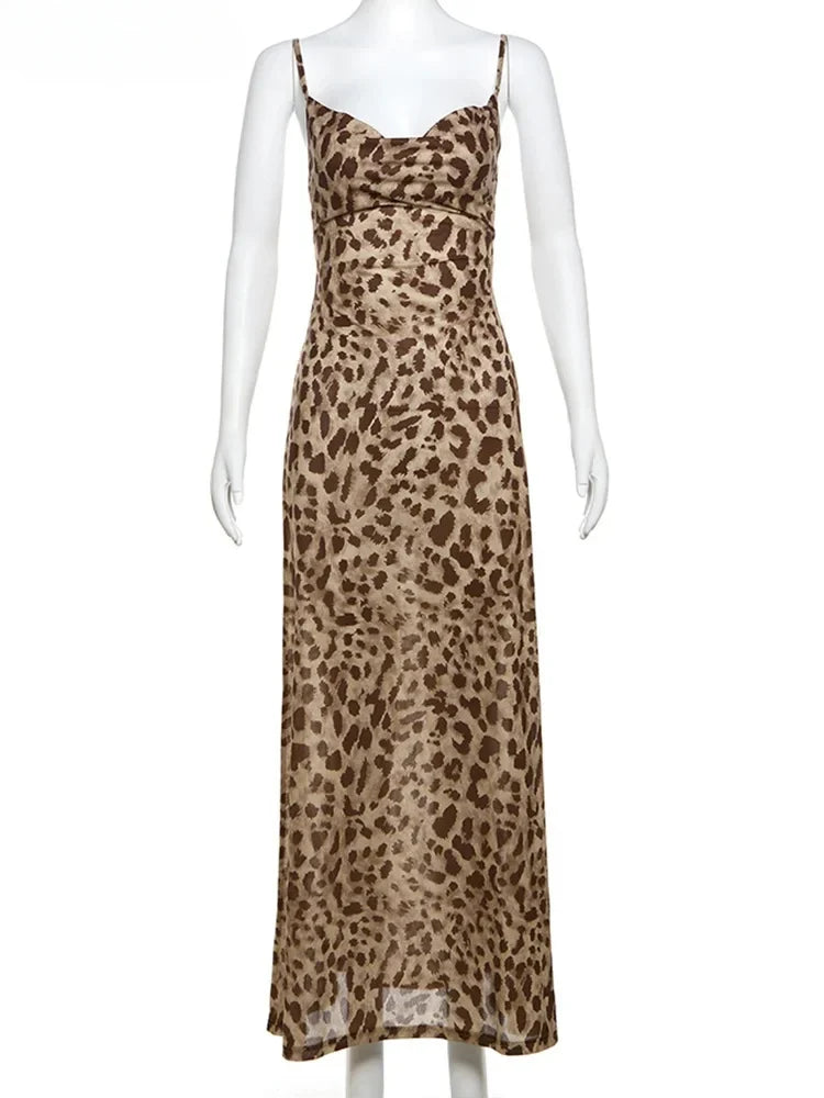Leopard Print Dress Woman Summer Sexy Swing Collar Spaghetti Straps Backless Ruffles Party Clubwear Skinny Vestidos