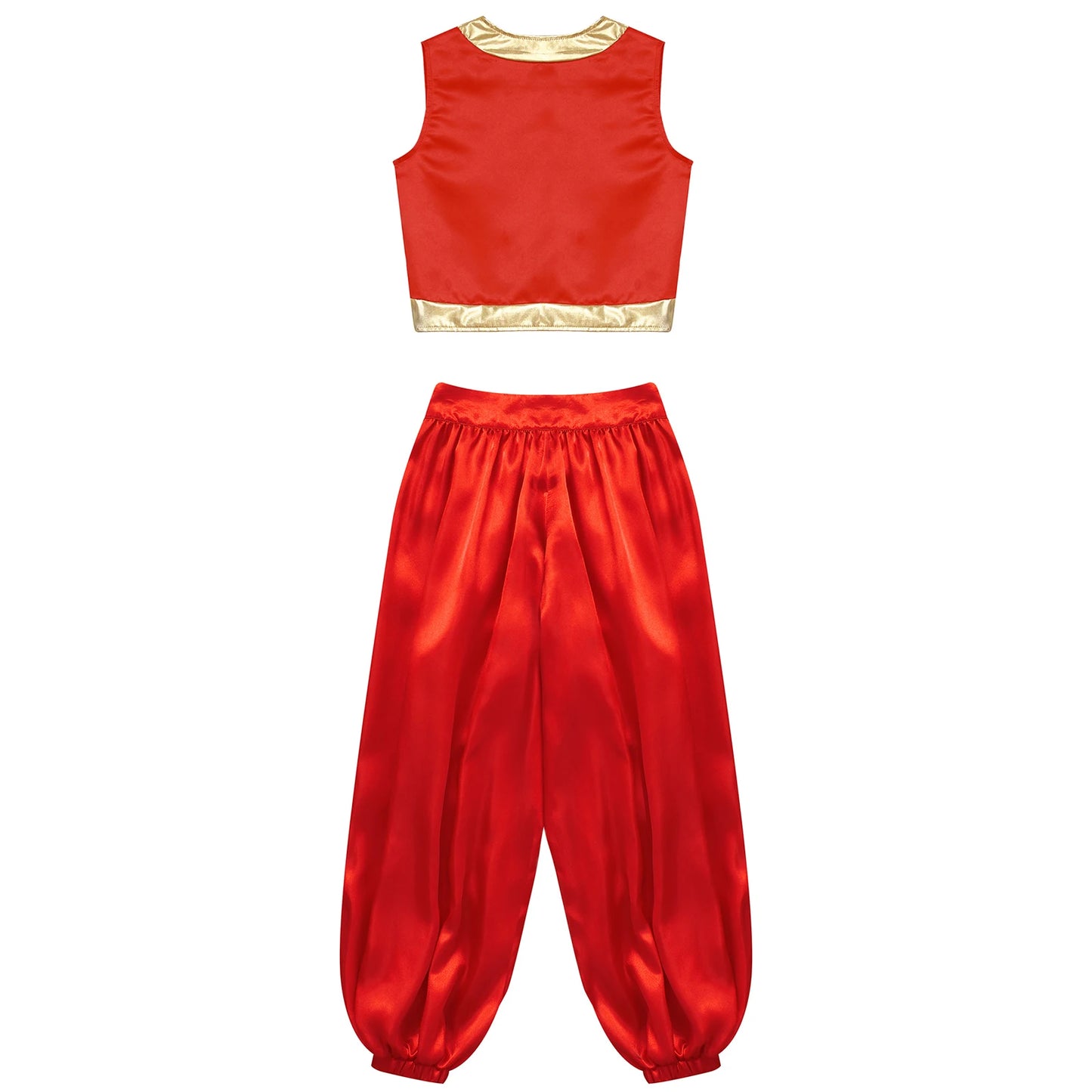 Boys Girls Prince Costume Arabian Prince Fairy Tale Character Cosplay Suits Belly Dance Golden Trim Vest with Satin Bloomer Set