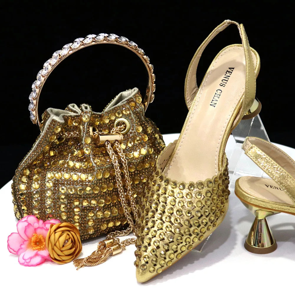 2023 New INS High-Heeled Pointed Toe Wedding Shoes Colorful Full Diamond Design Shoe and Bag Set for Nigeria Party