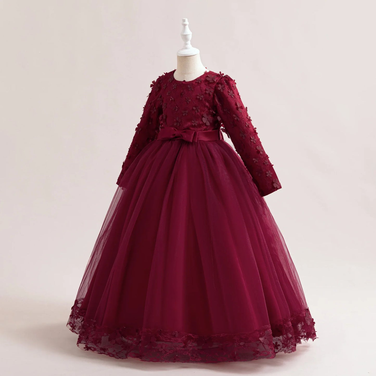 Long Sleeve Flower Bridesmaid Girls Dress Children Christmas Costume Lace Bow Princess Kids Dressees For Girl Party Wedding Gown