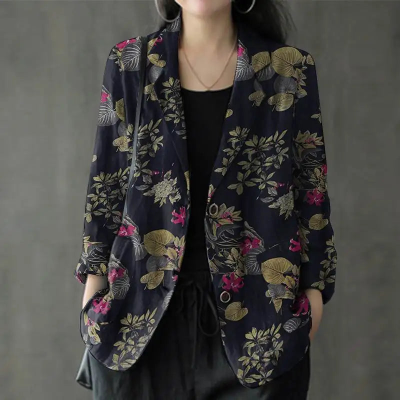 Women Cotton Blazer Vintage Lapel Neck Long Sleeve Thin Coats Autumn Elegant Work Suit Retro Floral Printed Loose Outwear