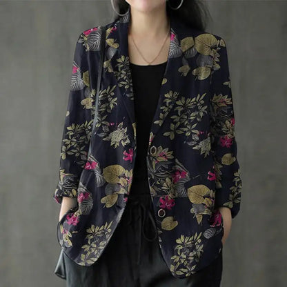 Women Cotton Blazer Vintage Lapel Neck Long Sleeve Thin Coats Autumn Elegant Work Suit Retro Floral Printed Loose Outwear