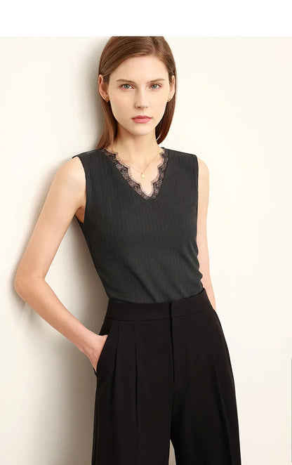 Women's Tank Top 2026 Summer New Lace Trim V-Neck Knit Sleeveless Vest Slim Fit Casual Layering Cami For Women 12612031