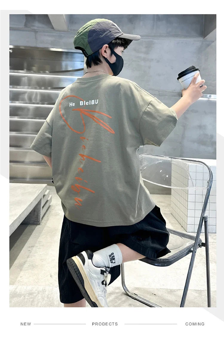 New Casual Boys Top and Bottom Clothes Set Summer Suit for Tween Children Clothing Kids Teenager Shorts Sleeve Tshirt Shorts Set