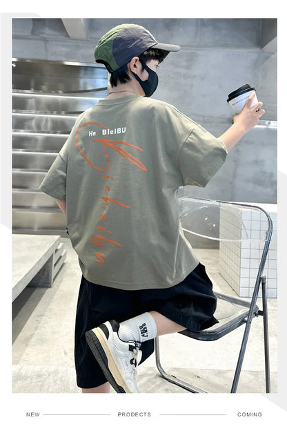 New Casual Boys Top and Bottom Clothes Set Summer Suit for Tween Children Clothing Kids Teenager Shorts Sleeve Tshirt Shorts Set