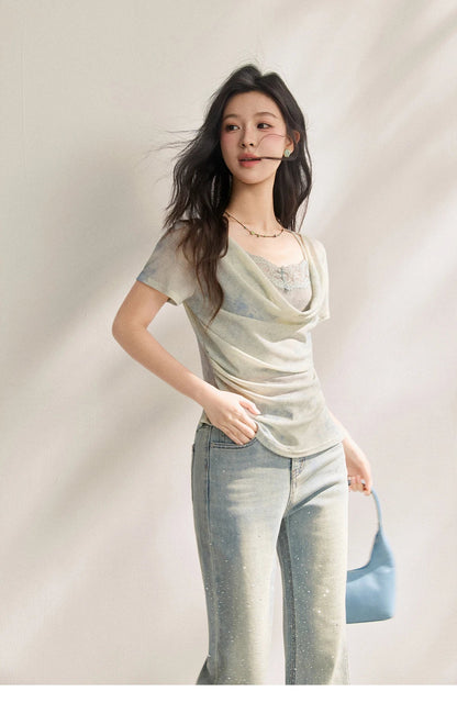 Blue Tie Dye T-Shirt For Women 2026 Summer New Swing Collar Lace Pleated Slimming Breathable French Style Top MXF22T1617