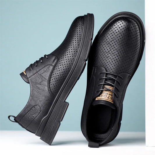 Summer Autumn New Low Top Cow Leather Shoes for Men Hallow Lace Designer Platform Shoes Male Fashion Business Casual Shoe Man