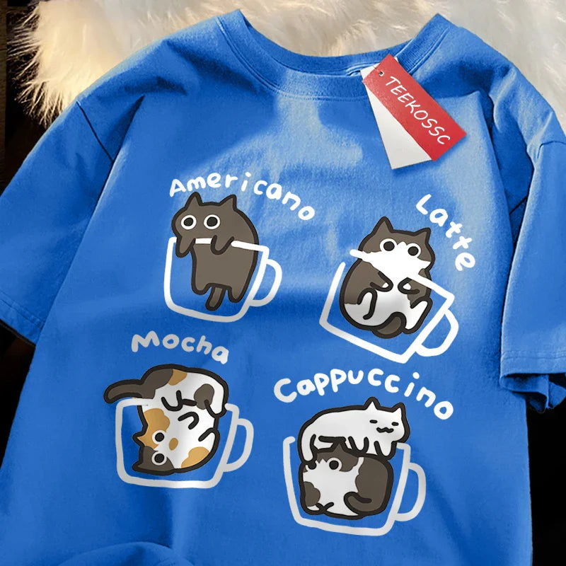 American Style Coffee Cat Japanese Style Tshirts Man Casual Breathable Cotton Loose Summer T-Shirt Loose Cotton Oversize T Shirt