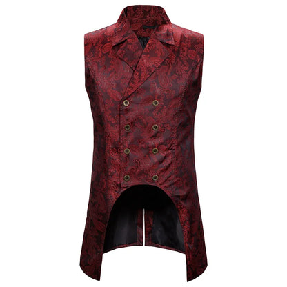 2026 Eur-Usa Fashion Elegant Jacquard Mid Length Tailcoat Vest for Men, Navy Blue Vintage Gothic Sleeveless Palace Men's Tuxedo