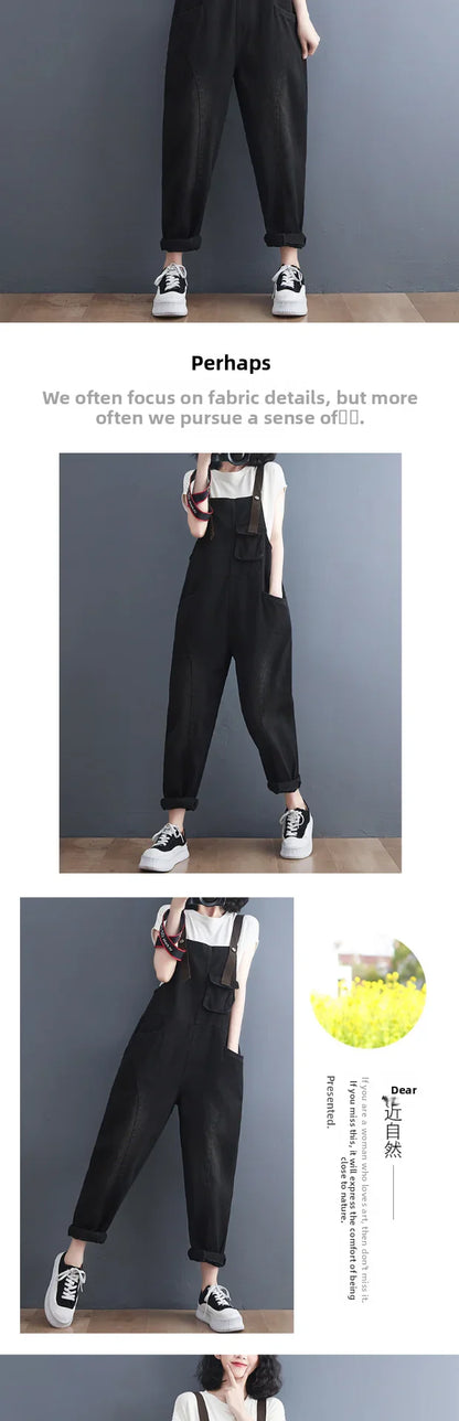 Loose Women's Denim Overalls Faionable Spring Summer High Waist Long Pants Thermal Properties Deep Color Korean Sle