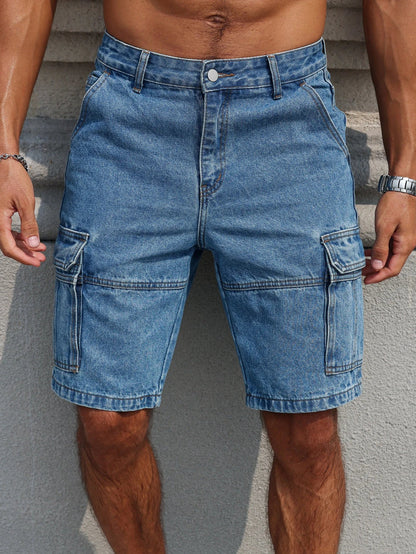 Men's Summer Workwear Denim Shorts, Blue Multi-Pocket Style. Stylish and Casual, Suitable for Streetwear.