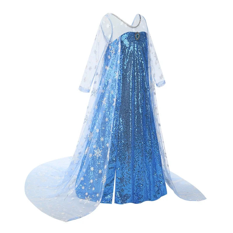 New Sequined Blue Elsa Party Dress For Girl Role Play Princess Apparel Toddler up Birthday Festival Carnival Apparel Accessories