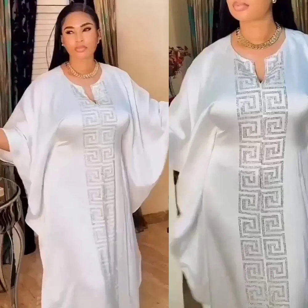 Fashion African Woman Large Size Bat Sleeve Dress Muslim Islamic Style Robe Imitation Silk Hot Fix Rhinestone