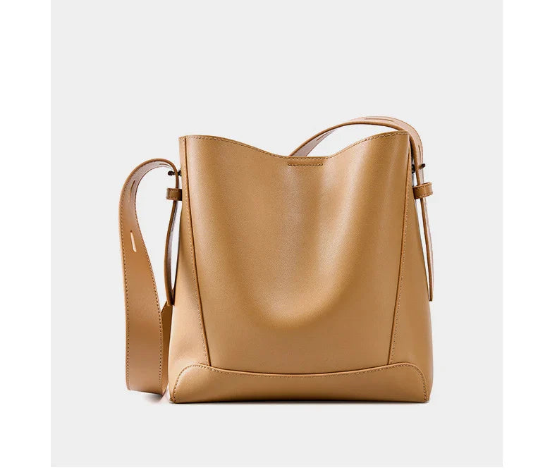 Ladies' Split Leather Bucket Shoulder Bags Female Commute Shopping Messenger Bags Adjustable Shoulder Strap Women Casual Handbag