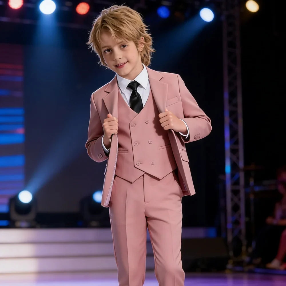 Pink Handsome Suit Set 4 Pieces For Kids Birthday Party Wear Long Sleeved Elegant Boys Slim Fit Suits School Choir Performance