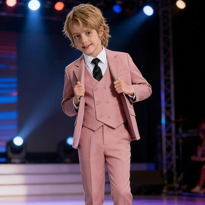 Pink Handsome Suit Set 4 Pieces For Kids Birthday Party Wear Long Sleeved Elegant Boys Slim Fit Suits School Choir Performance