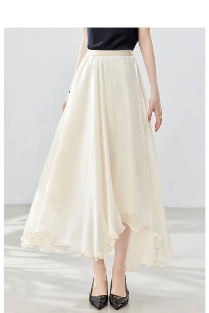 French A-line Shimmer Skirt for Women 2026 Summer New Fashion Irregular Ruffle Hem Elegant Office Maxi Skirt Bottoms 30813