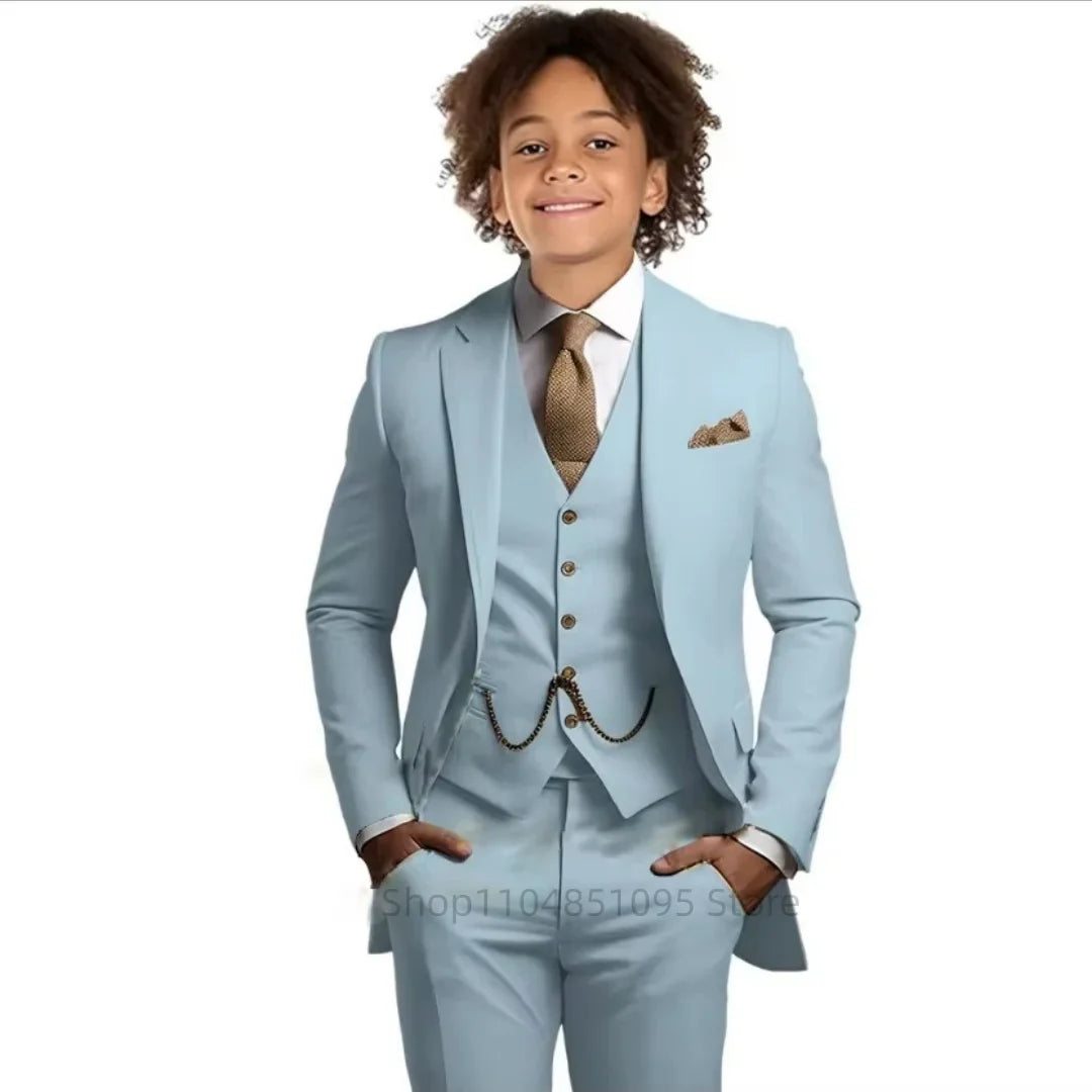 Khaki Boys Suit 3 Piece Groom Tuxedo Notch Lapel Jacket Pants Vest Wedding Party Birthday Gift Kids Slim Fit Blazer Child Suits