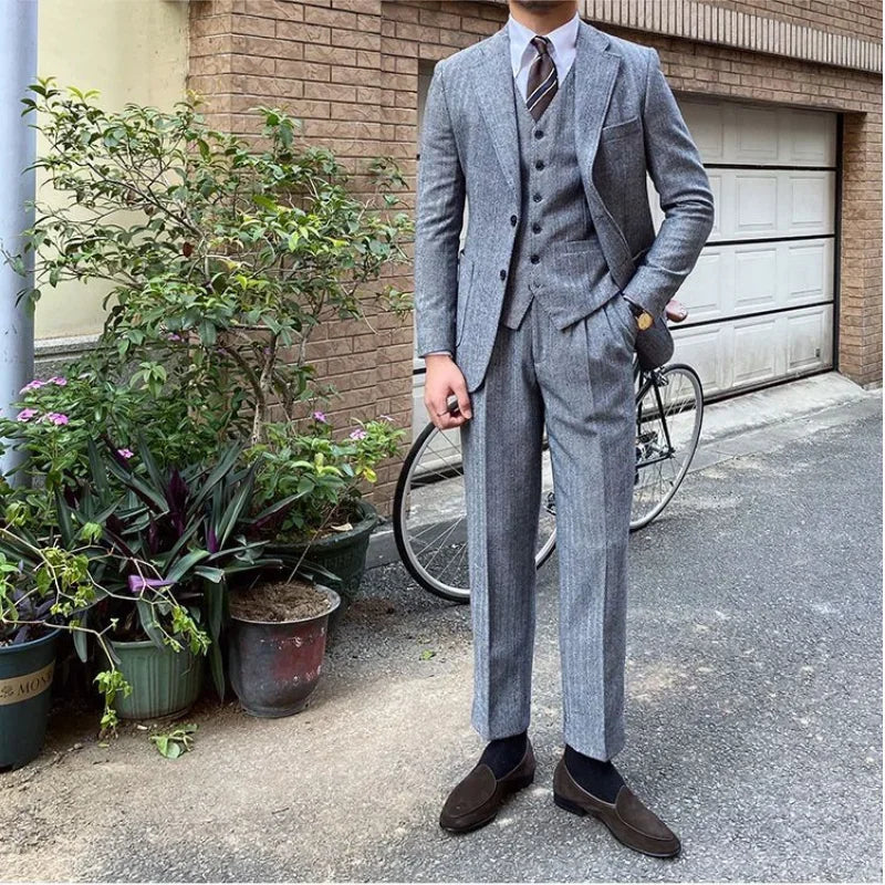 New Retro Herringbone Slim Fit Men's Suit Gentlemen's 3-piece Suit Single Breasted Handsome Autumn Winter Business Casual Formal