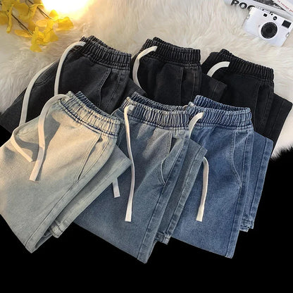 Casual Jeans Men's Baggy Straight Elastic Waist Drawstring Korea Fashion Male Vintage Denim Trousers Streetwear 3XL