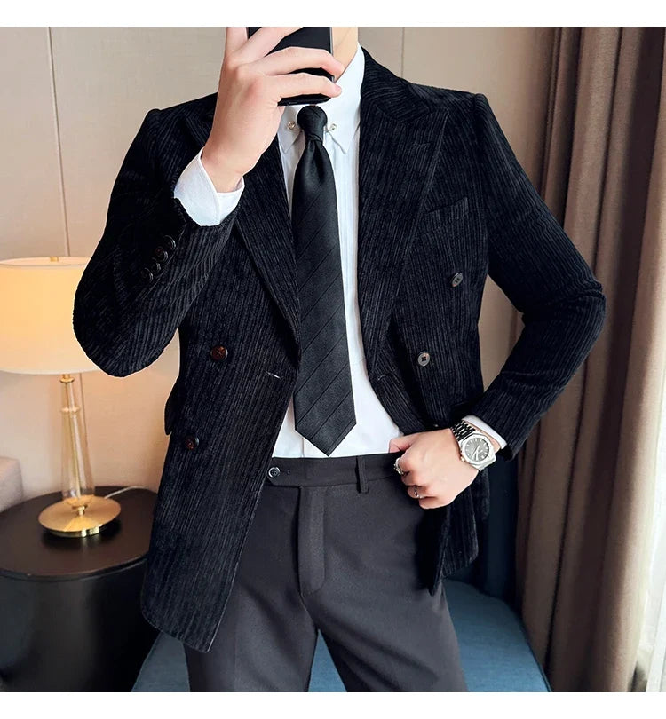 Autumn Winter New Men Corduroy Suit Jackets Double-Breasted Striped Slim Fit Casual Coats High Quality Formal Business Tailcoat