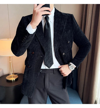 Autumn Winter New Men Corduroy Suit Jackets Double-Breasted Striped Slim Fit Casual Coats High Quality Formal Business Tailcoat
