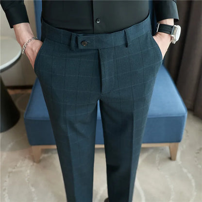 2026 Classic Men's Slim Fit Plaid Striped Casual Pants Fashion Business Slim Fit Suit Pants Formal Groom Wedding Dress Trousers