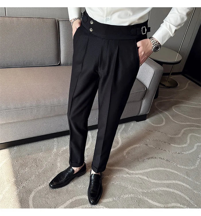 Pure Color Male Business Wedding Dress Pants Fashion Unique Design Men Waist Adjustable Suit Pant No Belt Slim Trousers Homme
