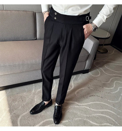 Pure Color Male Business Wedding Dress Pants Fashion Unique Design Men Waist Adjustable Suit Pant No Belt Slim Trousers Homme