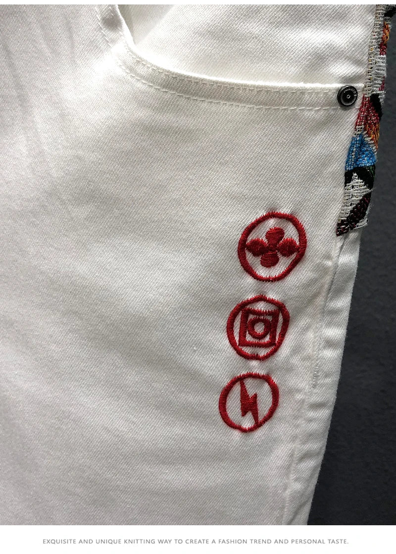 Summer New Denim Shorts Men's Stitching Embroidery Ripped Knee-length Shorts White Black Retro Blue Fashion High Quality Jeans