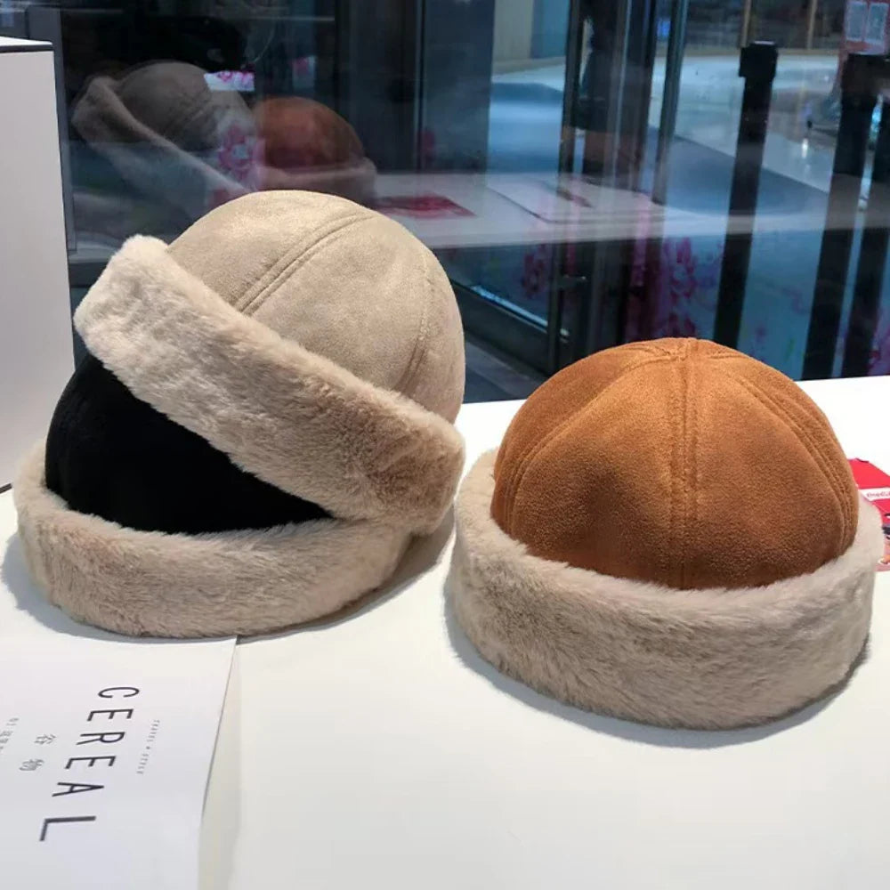 New Autumn Winter Cap for Men Women Thick Warm Lamb Fleece Lined Bomber Hat Male Female Solid Plain Suede Russian Fur Hat