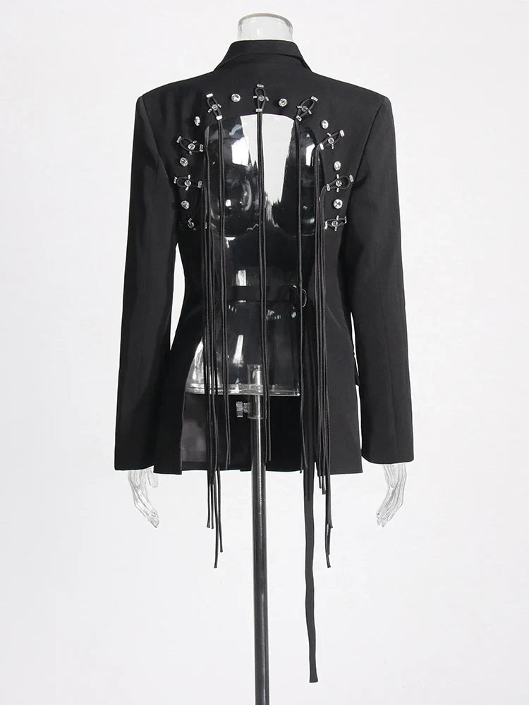 Patchwork Diamonds Backless Blazer For Women Notched Collar Long Sleeve Spliced Button Chic Blazers Female Style